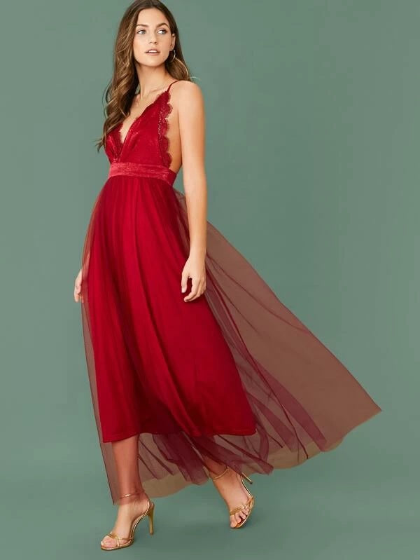CM-DS025288 Women Elegant Seoul Style Lace Trim Crisscross Backless Mesh Overlay Dress - Red
