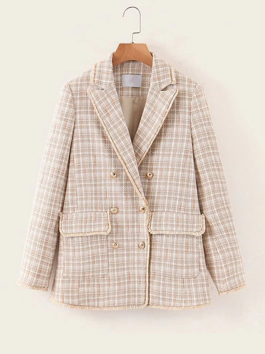 CM-CS125639 Women Elegant European Style Double Breasted Pocket Plaid Tweed Blazer - Khaki