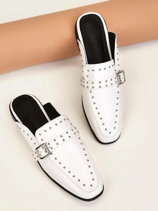 CM-SHS126419 Women Elegant Seoul Style Buckle And Studded Square Toe Flat Mules