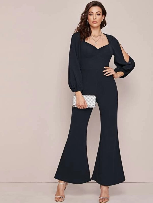 CM-JS118477 Women Elegant Seoul Style Sweetheart Neck Split Sleeve Flare Leg Bustier Jumpsuit - Navy Blue