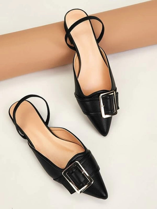 CM-SHS126602 Women Casual Seoul Style Point Toe Buckle Decor Slingback Flats - Black