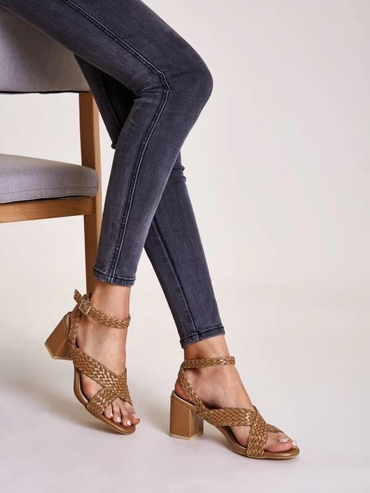 CM-SHS126493 Women Trendy Seoul Style Braided Ankle Strap Chunky Heels - Brown