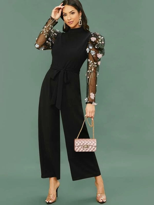CM-JS102924 Women Elegant Seoul Style Applique Embroidered Mesh Gigot Sleeve Wide Leg Jumpsuit