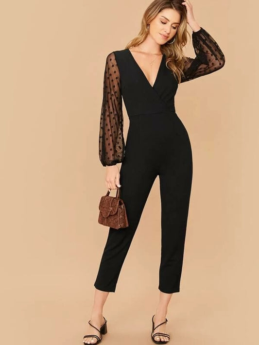 CM-JS111121 Women Elegant Seoul Style Surplice Neck Dobby Mesh Lantern Sleeve Jumpsuit - Black