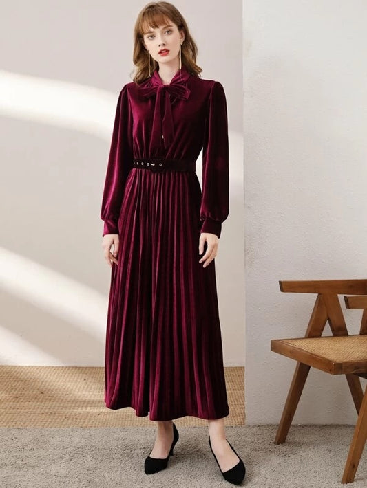 CM-DS126623 Women Elegant Seoul Style Long Sleeve Belted Tie Neck Velvet Pleated Dress - Wine Red