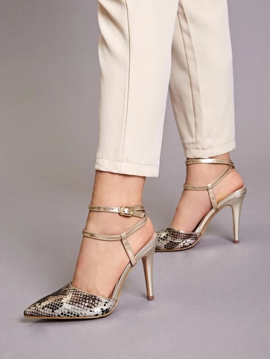 CM-SHS028909 Women Elegant Seoul Style Point Toe Ankle Strap Snakeskin Stiletto Heels