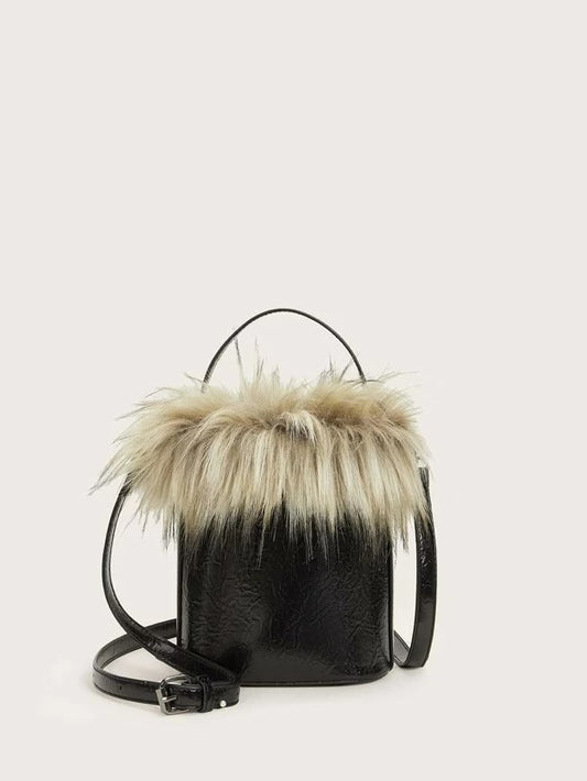 CM-BGS127736 Women Trendy Seoul Style Contrast Faux Fur Satchel Bag - Black