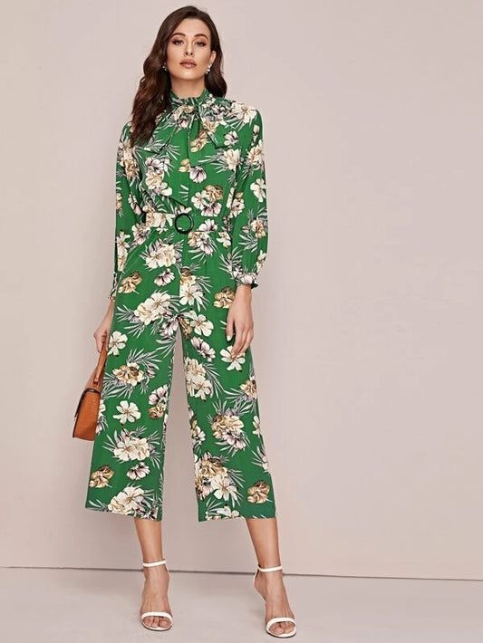 CM-JS127259 Women Casual Seoul Style Tropical Print Tie Neck Belted Culotte Jumpsuit - Green