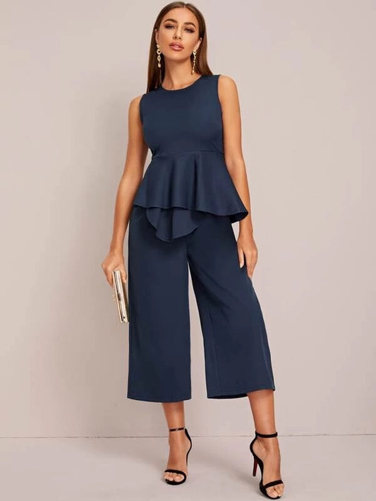 CM-JS127987 Women Casual Seoul Style Sleeveless Solid Peplum Wide Leg Tank Jumpsuit - Navy Blue
