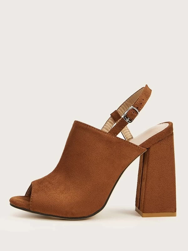 CM-SHS127022 Women Elegant Seoul Style Peep Toe Suede Chunky Heels - Brown