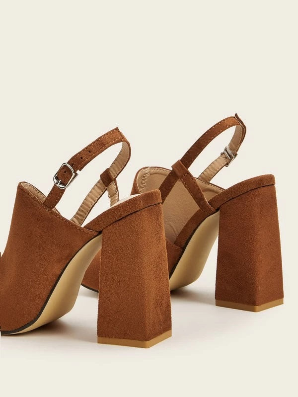 CM-SHS127022 Women Elegant Seoul Style Peep Toe Suede Chunky Heels - Brown