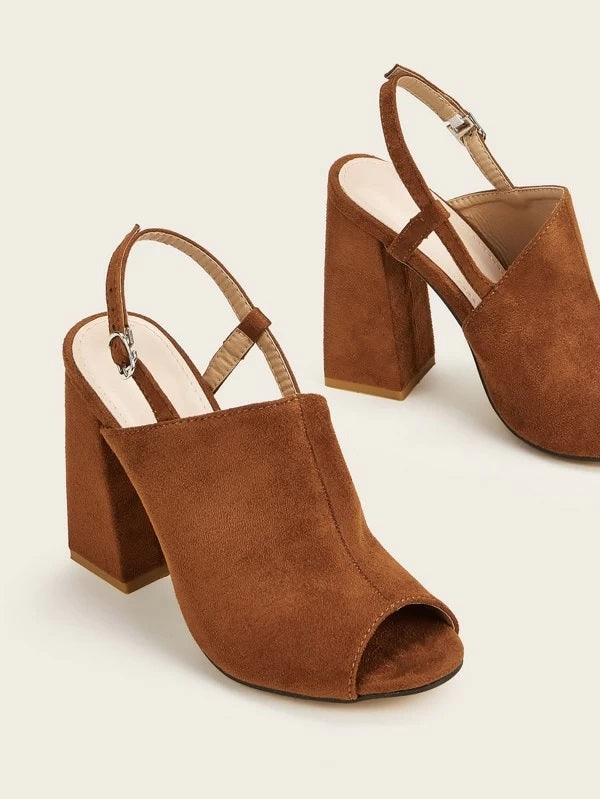 CM-SHS127022 Women Elegant Seoul Style Peep Toe Suede Chunky Heels - Brown