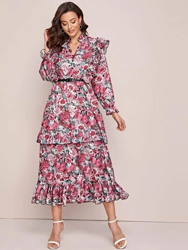 CM-DS127087 Women Elegant Seoul Style Allover Floral Ruffle Trim Belted A-Line Dress