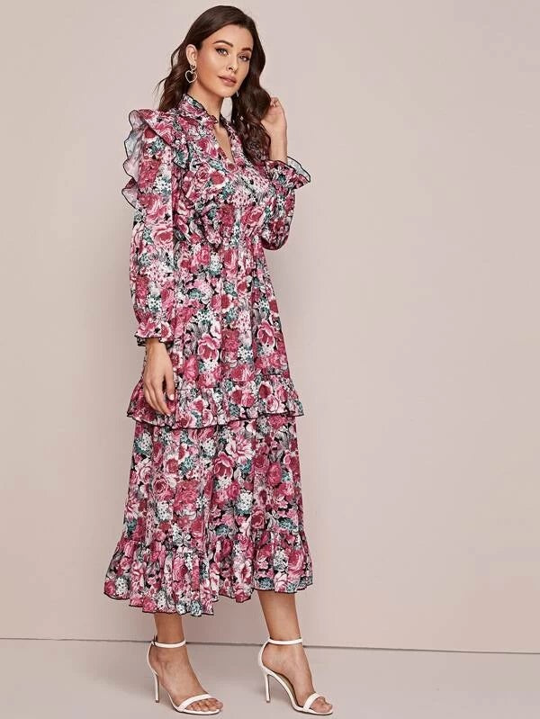 CM-DS127087 Women Elegant Seoul Style Allover Floral Ruffle Trim Belted A-Line Dress