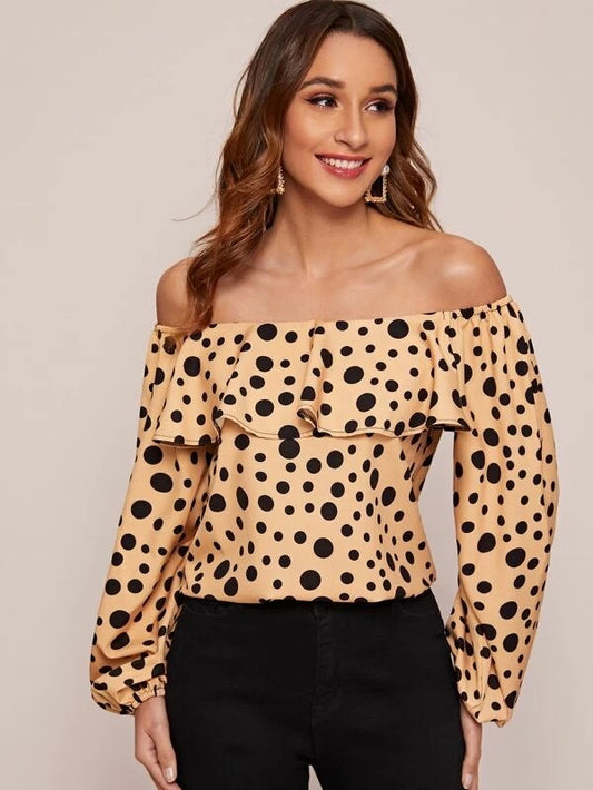 CM-TS120728 Women Casual Seoul Style Off Shoulder Polka Dot Ruffle Trim Bardot Blouse