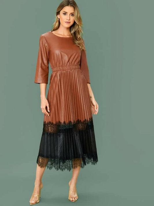 CM-DS107975 Women Elegant Seoul Style Elastic Waist Lace Hem Pleated PU Dress - Brown