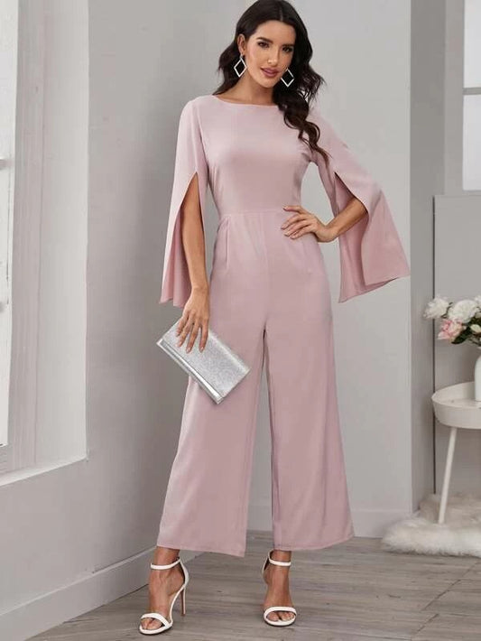 CM-JS129026 Women Elegant Seoul Style Round Neck Solid Split Sleeve Wide Leg Jumpsuit - Pink