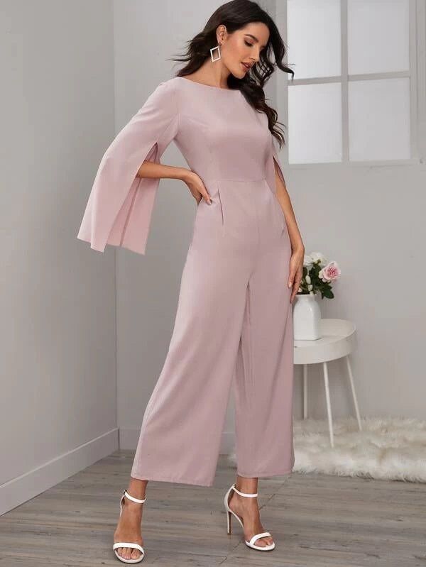 CM-JS129026 Women Elegant Seoul Style Round Neck Solid Split Sleeve Wide Leg Jumpsuit - Pink