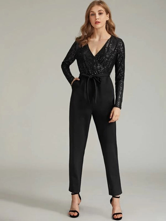 CM-JS105110 Women Elegant European Style Sequin Bodice Slant Pocket Self Belted Jumpsuit - Black