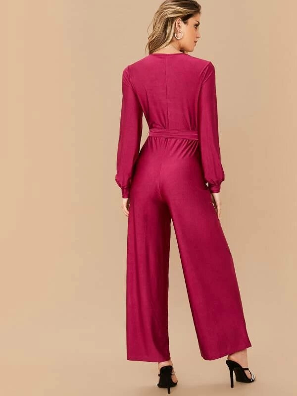 CM-JS113855 Women Elegant Seoul Style Lantern Bishop Sleeve Wide Leg Belted Jumpsuit - Pink