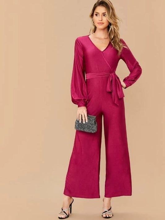 CM-JS113855 Women Elegant Seoul Style Lantern Bishop Sleeve Wide Leg Belted Jumpsuit - Pink