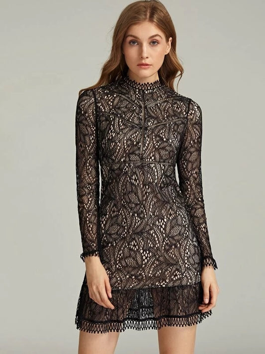 CM-DS128703 Women Elegant Seoul Style Long Sleeve Mock Neck Lace Overlay Dress - Black