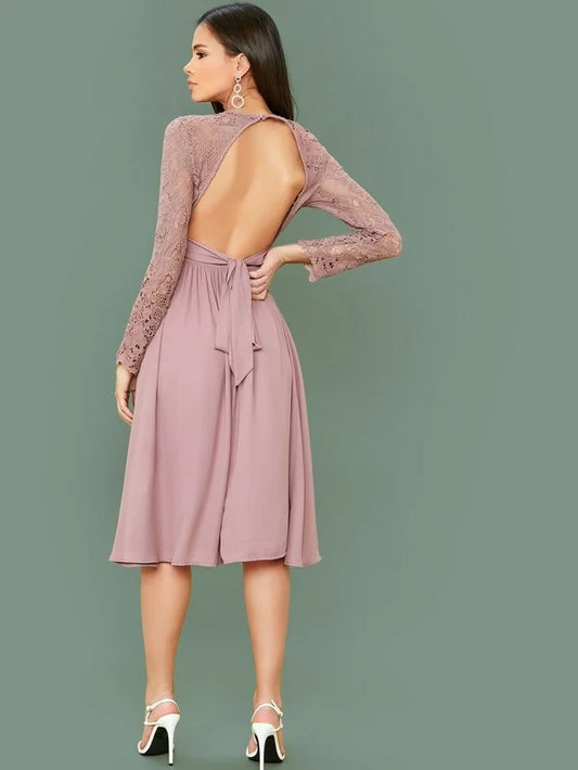 CM-DS121932 Women Elegant Seoul Style Long Sleeve Lace Bodice Backless Tie Detail Dress - Pink