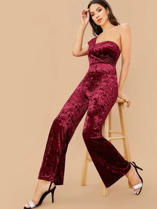 CM-JS106261 Women Elegant Seoul Style One Shoulder Wide Leg Velvet Jumpsuit - Wine Red