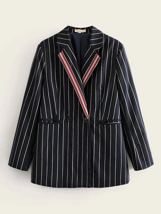 CM-CS130948 Women Elegant Seoul Style Long Sleeve Button Front Double Pocket Striped Blazer - Black