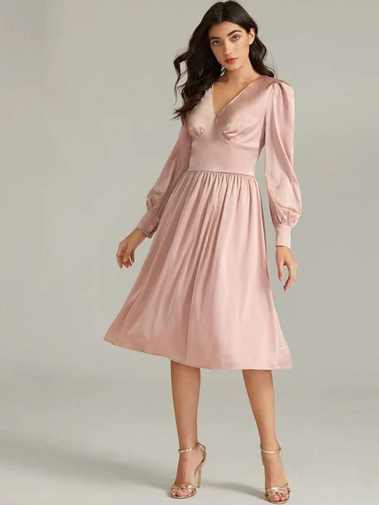 CM-DS125232 Women Elegant Seoul Style V-Neck High Waist Bishop Sleeve Satin Dress - Pink