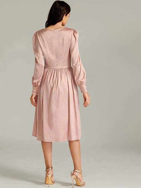 CM-DS125232 Women Elegant Seoul Style V-Neck High Waist Bishop Sleeve Satin Dress - Pink