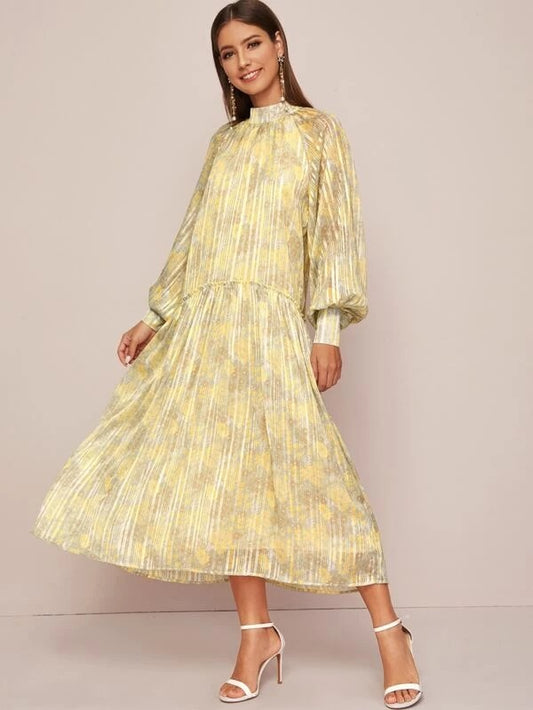 CM-DS129598 Women Elegant Seoul Style Mock Neck Lantern Sleeve Smock Dress - Yellow