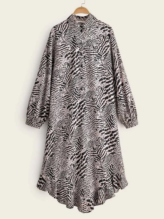 CM-DS202292 Women Casual Seoul Style Graphic Print Button Front Ruffle Hem Shirt Dress