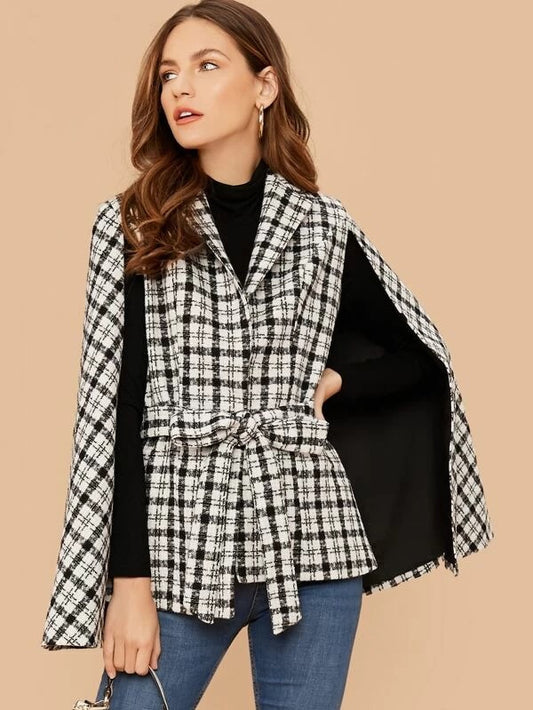 CM-CS121497 Women Elegant European Style Notched Collar Plaid Belted Cape Blazer