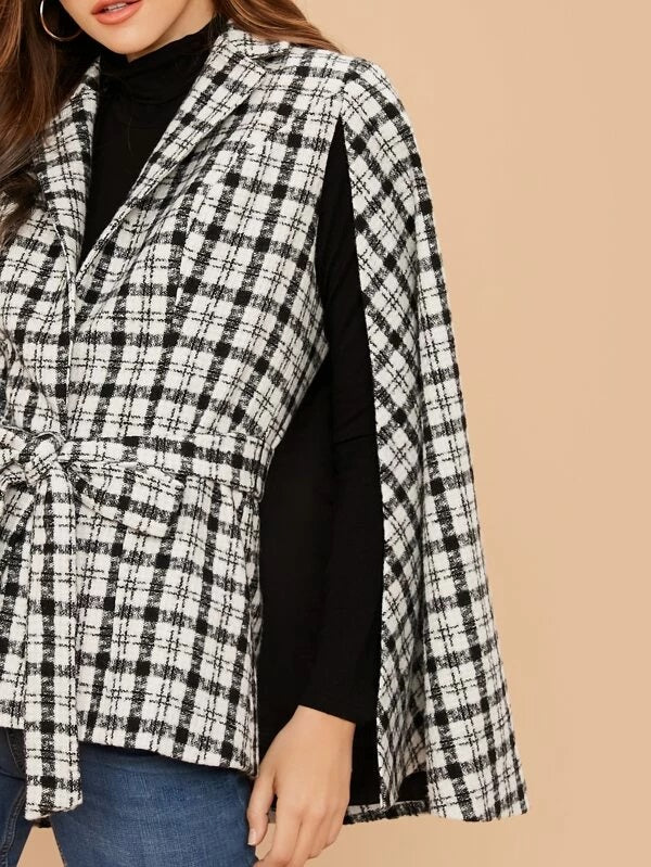 CM-CS121497 Women Elegant European Style Notched Collar Plaid Belted Cape Blazer