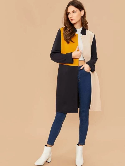 CM-CS120826 Women Trendy Seoul Style Multicolor Notch Collar Hook And Eye Closure Coat