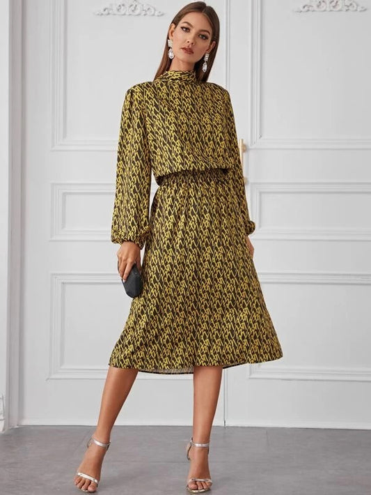 CM-DS202457 Women Elegant Seoul Style Print Tie Back Shirred High Waist A-Line Dress