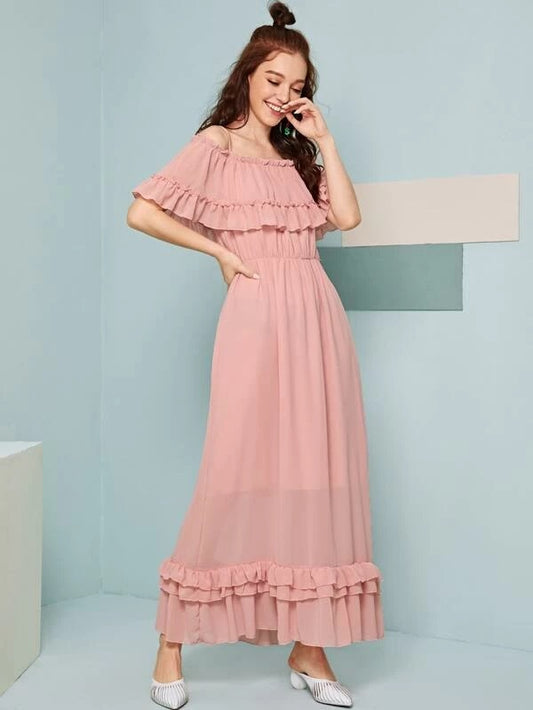 CM-DS202426 Women Casual Seoul Style Ruffle Frill Trim Cold Shoulder A-Line Dress - Pink