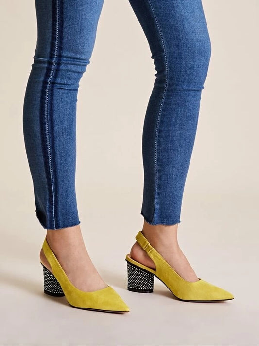 CM-SHS114901 Women Elegant Seoul Style Studded Slingback Chunky Heels - Yellow