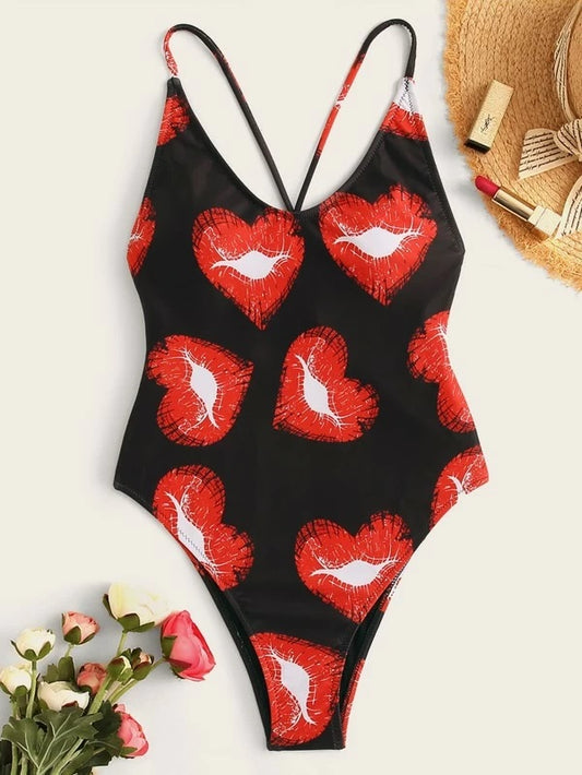 CM-SWS203840 Women Trendy Seoul Style Heart Print Criss Cross One Piece Swimsuit - Black