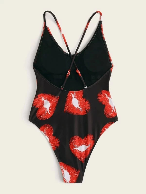 CM-SWS203840 Women Trendy Seoul Style Heart Print Criss Cross One Piece Swimsuit - Black