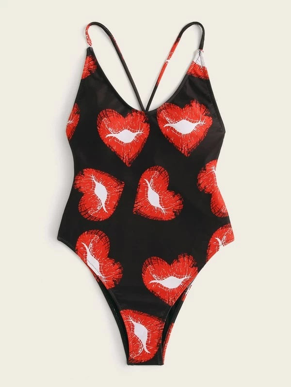 CM-SWS203840 Women Trendy Seoul Style Heart Print Criss Cross One Piece Swimsuit - Black