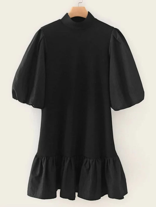 CM-DS203877 Women Casual Seoul Style Balloon Sleeve Ruffle Hem Babydoll Dress - Black