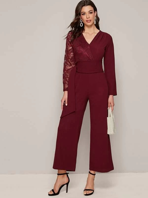 CM-JS114914 Women Elegant Seoul Style Surplice Neck Lace Detail Belted Palazzo Jumpsuit - Wine Red