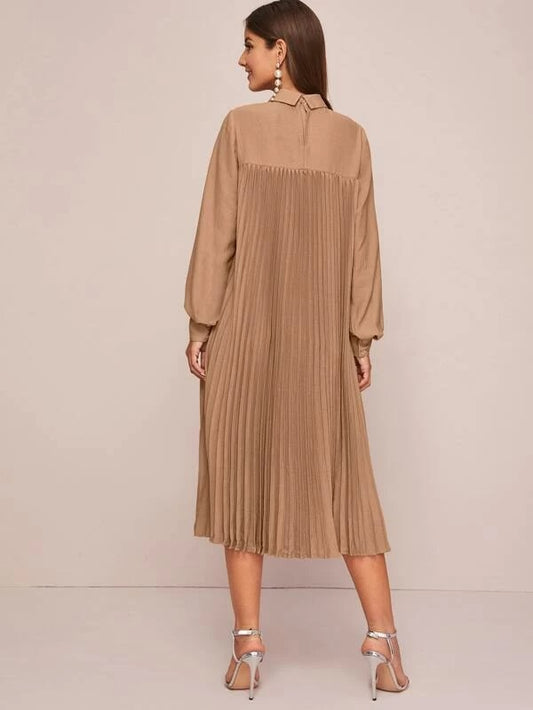CM-DS126376 Women Casual Seoul Style Long Sleeve Collared Pleated Back Shirt Dress - Camel