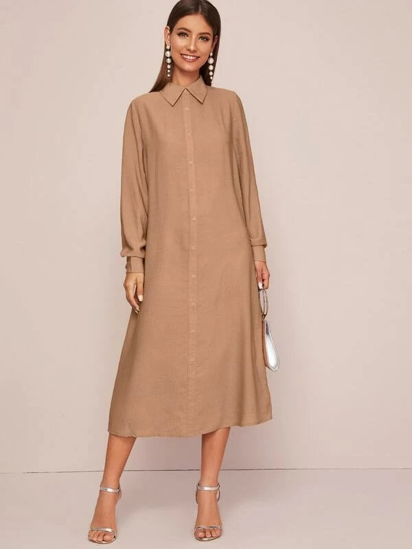 CM-DS126376 Women Casual Seoul Style Long Sleeve Collared Pleated Back Shirt Dress - Camel