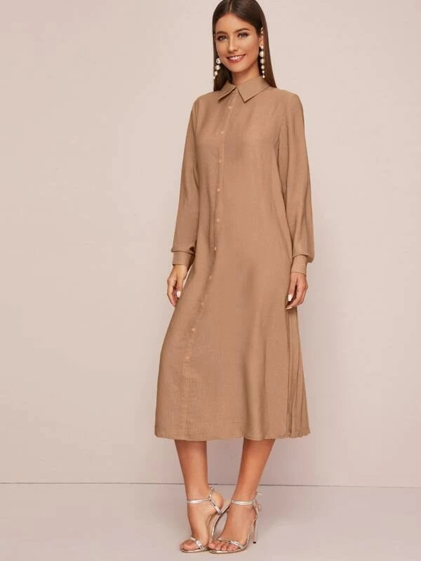 CM-DS126376 Women Casual Seoul Style Long Sleeve Collared Pleated Back Shirt Dress - Camel