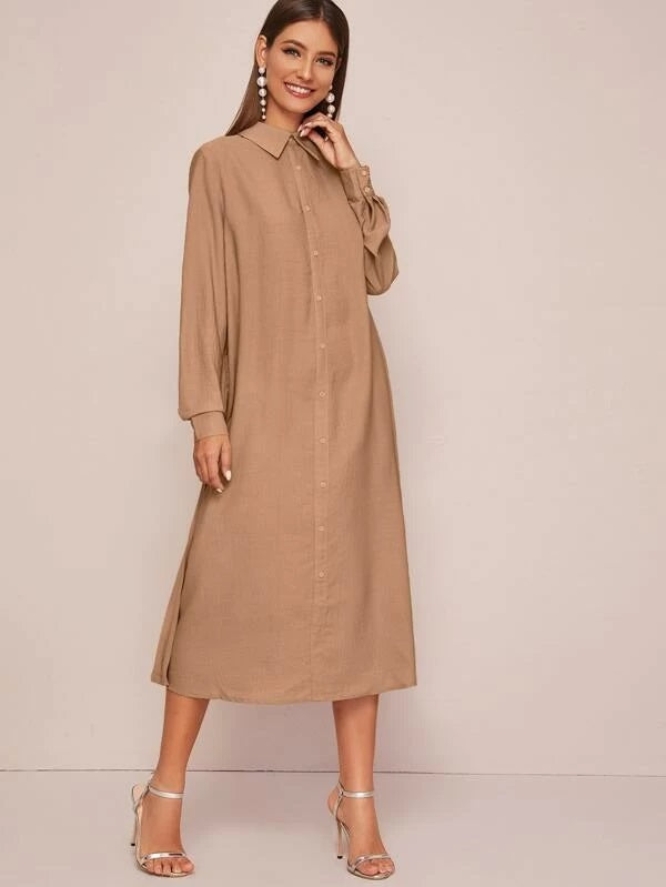 CM-DS126376 Women Casual Seoul Style Long Sleeve Collared Pleated Back Shirt Dress - Camel