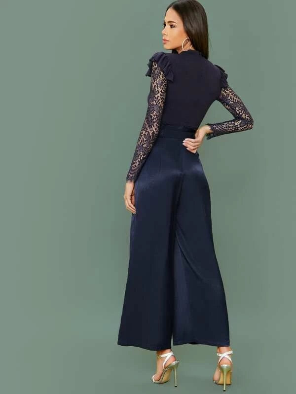 CM-JS114029 Women Elegant Seoul Style Ruffle Trim Lace Sleeve Split Thigh Belted Jumpsuit - Navy Blue