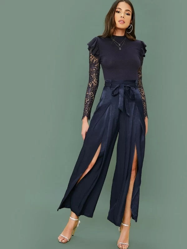 CM-JS114029 Women Elegant Seoul Style Ruffle Trim Lace Sleeve Split Thigh Belted Jumpsuit - Navy Blue